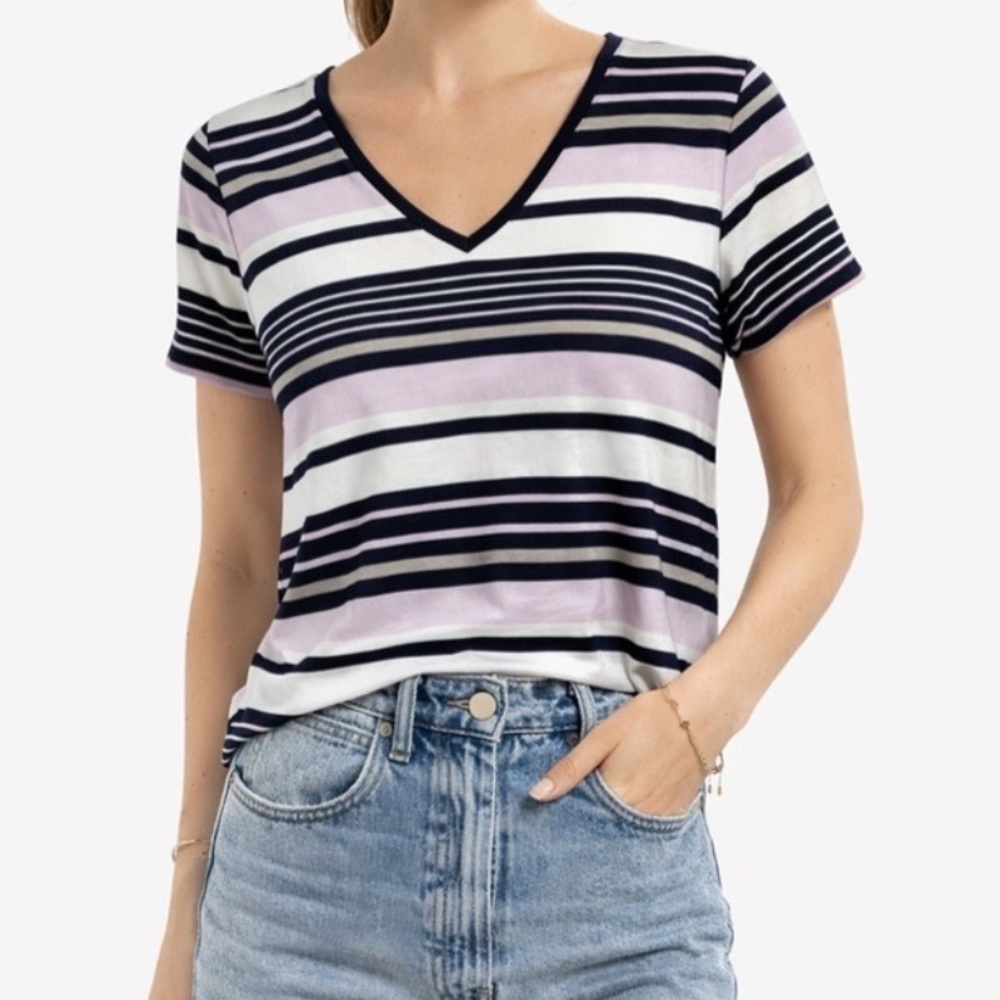 Croft & Barrow The Classic Tee Striped V-Neck‎ Short Sleeve Shirt Petites PS